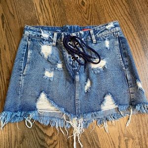 Distressed Denim Skirt with Tie